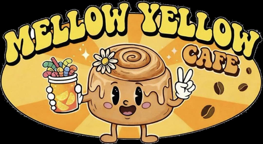Mellow Yellow Cafe logo — a smiling cinnamon roll holding a lemonade